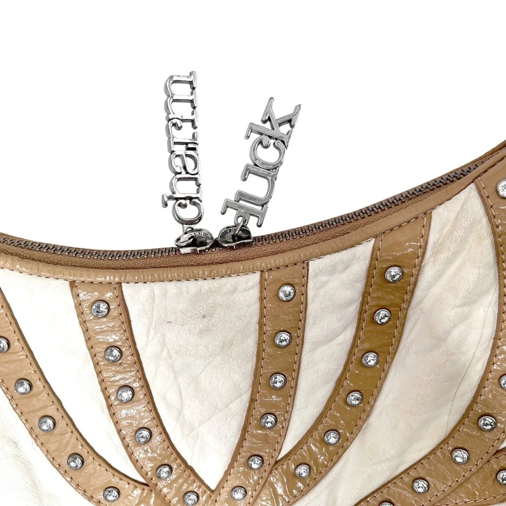 Charm and Luck Studded Leather Hobo Crossbody Shoulder Bag Rhinestones Y2K‎ VTG